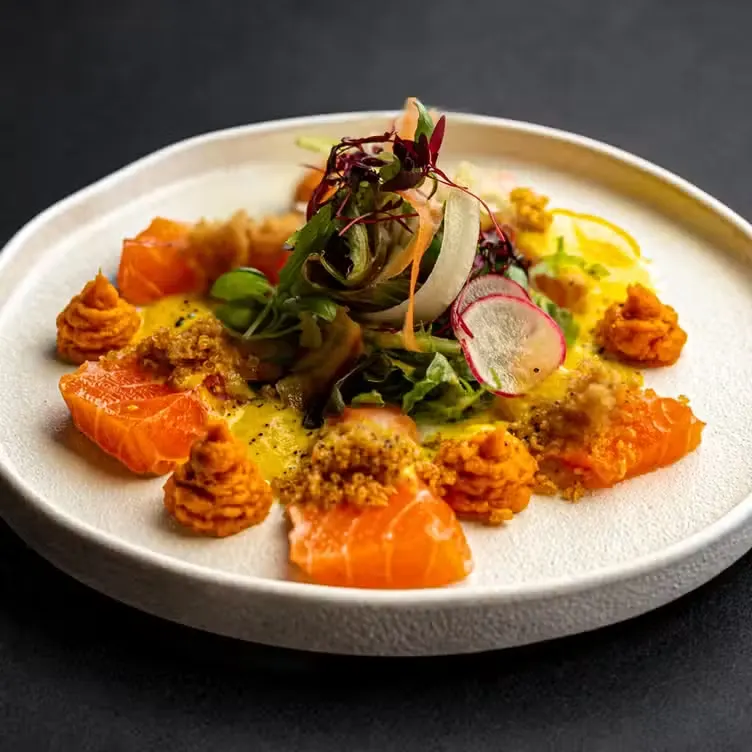 Salmon crudo with sweet potato and micro herbs